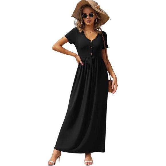 Womens Long Maxi Dresses 2025 Short Sleeve V Neck Casual Summer - Picture 8 of 10
